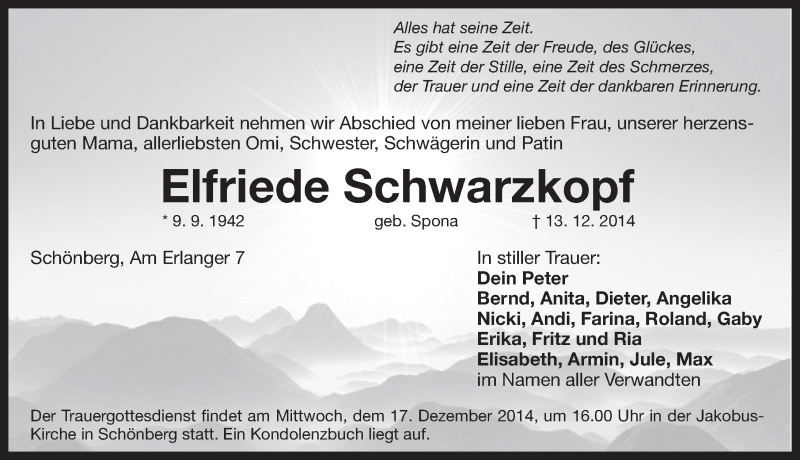  Traueranzeige für Elfriede Schwarzkopf vom 15.12.2014 aus Pegnitz-Zeitung